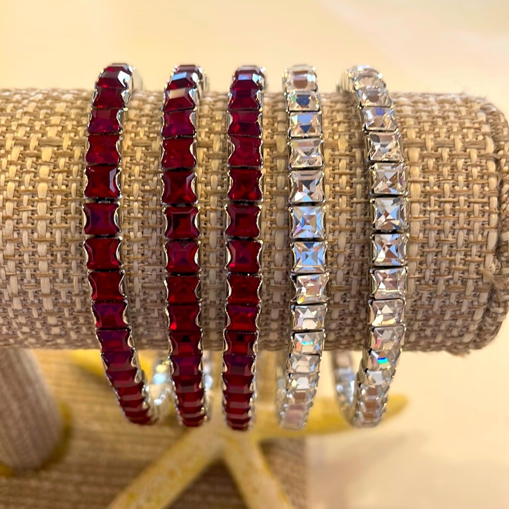 Swarovski Stretch Tennis Bracelets – 5, Siam and Crystal rhodium plated. NWOT
